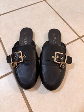 Olivia & Kate Black Slip-On Mules with Gold Buckle